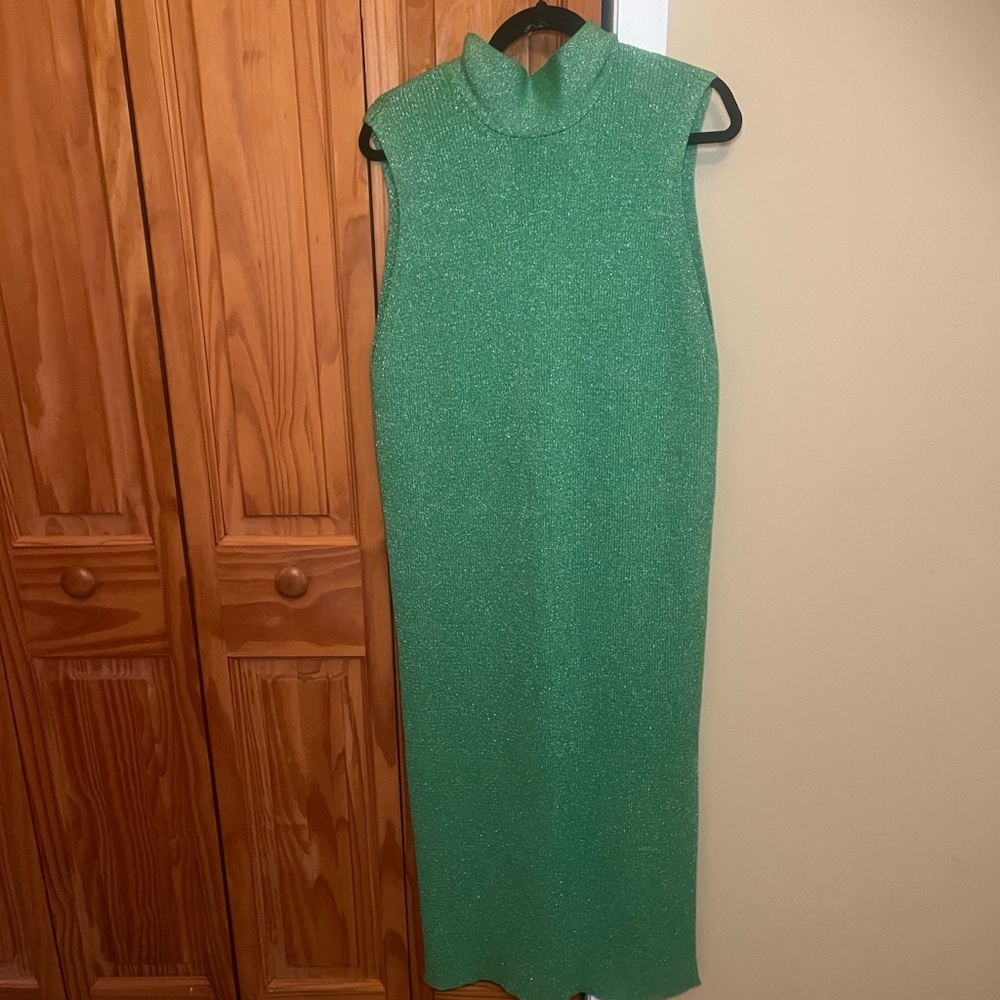 Mango Sleeveless Sparkly Green Knit Mock Neck Dress with Tie Size XXL